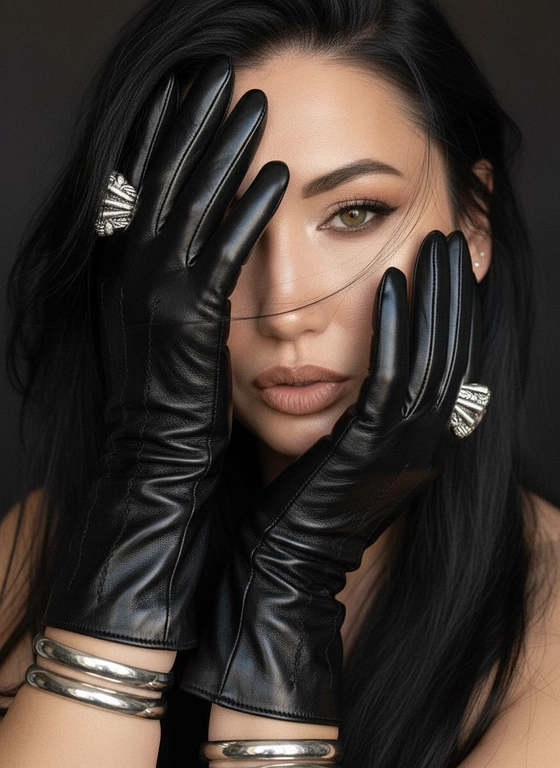 Модный портрет женщины, крупным планом,  в черных кожаных перчатках.  Руки частично заслоняют лицо. Перчатки создают интригующую композицию: одна рука закрывает часть лица, а другая лежит на противоположной стороне, тонко обрамляя нежные черты модели. Губы женщины видны, слегка приоткрыты, глаза открыты, голова слегка наклонена вперед. Несколько прядей волос свободно падают на ее лицо, добавляя ощущение движения. Текстура кожи очень детализирована, демонстрируя поры ее лица. Перчатки блестящие и плотно прилегающие, с тонкими, замысловатыми деталями. Серебрянные массивные кольца видны на пальцах, усиливая ощущение роскоши, а серебрянные браслеты обхватывают запястья. Мягкое, но драматичное освещение подчеркивает текстуру перчаток и кожи, создавая поразительный контраст на темном, мрачном фоне. Общая атмосфера интимная, элегантная и изысканная.