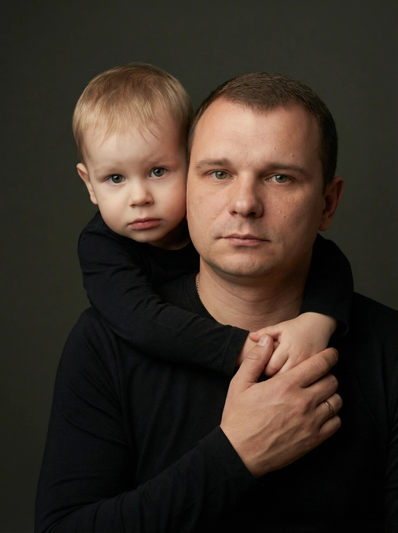 Создай портретный студийный кадр из фотосессии отца и сына. Сын обнимает отца сзади, лежа подбородком на его плече, руки мягко сомкнуты на груди мужчины. Оба смотрят прямо в камеру. Естественные спокойные эмоции, лёгкая серьёзность во взгляде.
Одежда — однотонные чёрные лонгсливы или свитера без принтов. Тёмный нейтральный фон (глубокий серо-оливковый или графитовый). Мягкий направленный студийный свет с лёгкой теневой глубиной, акцент на лицах, тёплая естественная цветокоррекция, высокая детализация кожи, натуральная текстура без излишней ретуши.
Кадр — крупный или средний план, плотная композиция, лица расположены близко друг к другу. Атмосфера — тёплая, камерная, эмоциональная, ощущение близости и доверия. Профессиональная съёмка, 85mm lens, shallow depth of field, cinematic portrait, ultra realistic.

