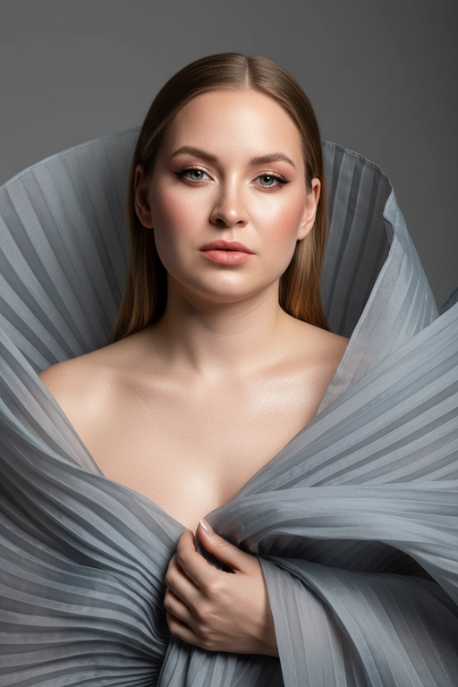    Создайте гиперреалистичный профессиональный студийный портрет женщины с волосами, уложенными на ровный пробор посередине, которые каскадом ниспадают на левое плечо (справа от зрителя) и частично скрыты за правым плечом (слева от зрителя). Камера снимается с немного низкого уровня глаз, глядя прямо на модель, охватывая ее от середины груди и выше. Голова слегка наклонена, взгляд прямой и притягательный.
Ее кожа безупречно гладкая и интенсивно сияет, словно подсвеченная мощным, сфокусированным источником света, подчеркивая мельчайшие поры и естественную текстуру кожи с сияющим, почти воздушным свечением, особенно в области декольте, плеч и верхних линий лица.

Её макияж тщательно проработан:
Глаза: чётко очерченные, ухоженные брови с заметными волосками, мягкие тени тёплых тонов (персиково-розовые и светло-коричневые) с лёгким мерцанием, чёткая чёрная подводка для глаз, создающая нежный кошачий взгляд, и идеально распущенные, объёмные ресницы, подчеркивающие каждую ресничку, с лёгким акцентом на нижних ресницах. Во внутреннем уголке глаза выделяется яркий блик. Радужки глаз отражают рассеянный студийный свет с изысканными узорами.
Щёки: лёгкий, растушёванный румянец натурального розового или персикового оттенка, изящно очерченные скулы и интенсивный, почти влажный блик на выступающих частях лица (скулы, переносица, дуга Купидона), создающий эффект увлажненности и сияния. Губы: губы нежного, естественного кораллово-розового или розово-персикового цвета с мягким атласным финишем, подчеркивающим тонкие естественные линии и текстуру губ, с лёгким бликом на дуге Купидона.

Она изящно одета в объёмную, струящуюся ткань с изящной плиссировкой, напоминающую прозрачный атлас или шёлк. Плиссированная ткань эффектно обрамляет фигуру, создавая объёмную, почти органичную форму, которая высоко поднимается за головой и огибает левое плечо (правое для зрителя), изящно струясь по груди и открывая обнажённые плечи. Материал обладает лёгким, сияющим блеском и мягкой полупрозрачностью, улавливая и отражая студийный свет, подчёркивая его роскошную текстуру и плавные движения. Складки очень детализированы, создавая глубокие тени и яркие блики, которые подчёркивают волнистую форму, а некоторые участки ткани также демонстрируют повышенную светоотражающую способность. Её правая рука (левая для зрителя) нежно касается ткани у груди, на ней видны ухоженные ногти. Освещение выполнено по принципу софтбокса, но с более сильным, концентрированным основным светом для создания интенсивного свечения, сохраняя при этом мягкие тени, которые подчёркивают черты её лица и изгибы плеч без резкости. Фон — гладкий, однотонный средне-серый, обеспечивающий чистый контраст и полностью фокусирующийся на модели. Общее впечатление — утончённая элегантность, изящество и гиперреалистичная детализация, передающая каждый нюанс её красоты, выражения лица и сложную текстуру её волос, кожи и одежды. Черты лица и особенности её внешности должны быть точно воспроизведены с референсной фотографии. Плиссированная ткань серо-голубого цвета