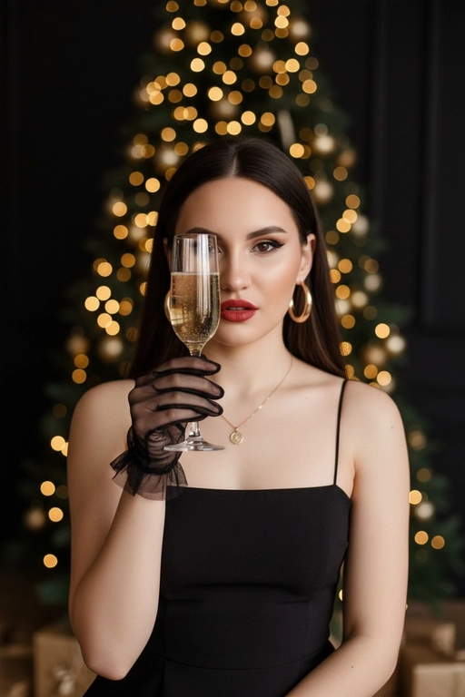 Гиперреалистичный студийный портрет женщины в новогоднем luxury-стиле. Кадр по грудь. Женщина держит узкий бокал с шампанским строго напротив одного глаза (правого или левого), так что стекло полностью перекрывает один глаз, второй глаз открыт и чётко смотрит прямо в камеру. Бокал смещён в сторону от центра лица, не по центру. Через бокал видны пузырьки шампанского. Композиция асимметричная, акцент на контраст между открытым глазом и глазом за стеклом. Взгляд в камеру сквозь бокал шампанского. 

Макияж: идеально выровненный тон кожи, чёткие брови, мягкие золотисто-коричневые тени, чёрные стрелки, яркая матовая красная помада. На ушах крупные золотые серьги-кольца, на шее золотая тонкая целочка с круглым кулоном. 

Одежда: чёрное минималистичное платье на тонких бретелях, прямой вырез. На руке короткая прозрачная чёрная сетчатая перчатка, с рюшами на запястье. Поза прямая, уверенная, взгляд холодный, статный, строго в камеру.

Фон: тёмный студийный фон, за спиной размытая новогодняя ёлка с крупными тёплыми золотыми огоньками боке. Атмосфера роскоши, вечеринка, шампанское, вечер.

Освещение: мягкий ключевой свет спереди, подчёркнутые блики на стекле бокала, губах и коже, лёгкий контровой свет по краю плеч и головы. Глубина резкости малая, фон сильно размыт.

Стиль: high fashion beauty portrait, luxury editorial, cinematic lighting, ultra realistic, sharp focus on open eye and glass, 8k, magazine cover quality.