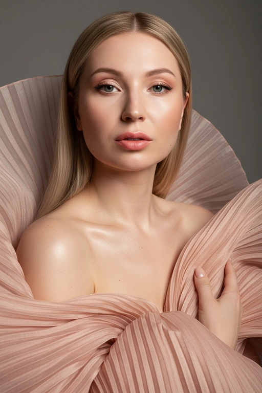    Создайте гиперреалистичный профессиональный студийный портрет женщины с волосами, уложенными на ровный пробор посередине, которые каскадом ниспадают на левое плечо (справа от зрителя) и частично скрыты за правым плечом (слева от зрителя). Камера снимается с немного низкого уровня глаз, глядя прямо на модель, охватывая ее от середины груди и выше. Голова слегка наклонена, взгляд прямой и притягательный.
Ее кожа безупречно гладкая и интенсивно сияет, словно подсвеченная мощным, сфокусированным источником света, подчеркивая мельчайшие поры и естественную текстуру кожи с сияющим, почти воздушным свечением, особенно в области декольте, плеч и верхних линий лица.

Её макияж тщательно проработан:
Глаза: чётко очерченные, ухоженные брови с заметными волосками, мягкие тени тёплых тонов (персиково-розовые и светло-коричневые) с лёгким мерцанием, чёткая чёрная подводка для глаз, создающая нежный кошачий взгляд, и идеально распущенные, объёмные ресницы, подчеркивающие каждую ресничку, с лёгким акцентом на нижних ресницах. Во внутреннем уголке глаза выделяется яркий блик. Радужки глаз отражают рассеянный студийный свет с изысканными узорами.
Щёки: лёгкий, растушёванный румянец натурального розового или персикового оттенка, изящно очерченные скулы и интенсивный, почти влажный блик на выступающих частях лица (скулы, переносица, дуга Купидона), создающий эффект увлажненности и сияния. Губы: губы нежного, естественного кораллово-розового или розово-персикового цвета с мягким атласным финишем, подчеркивающим тонкие естественные линии и текстуру губ, с лёгким бликом на дуге Купидона.

Она изящно одета в объёмную, струящуюся ткань с изящной плиссировкой, напоминающую прозрачный атлас или шёлк. Плиссированная ткань эффектно обрамляет фигуру, создавая объёмную, почти органичную форму, которая высоко поднимается за головой и огибает левое плечо (правое для зрителя), изящно струясь по груди и открывая обнажённые плечи. Материал обладает лёгким, сияющим блеском и мягкой полупрозрачностью, улавливая и отражая студийный свет, подчёркивая его роскошную текстуру и плавные движения. Складки очень детализированы, создавая глубокие тени и яркие блики, которые подчёркивают волнистую форму, а некоторые участки ткани также демонстрируют повышенную светоотражающую способность. Её правая рука (левая для зрителя) нежно касается ткани у груди, на ней видны ухоженные ногти. Освещение выполнено по принципу софтбокса, но с более сильным, концентрированным основным светом для создания интенсивного свечения, сохраняя при этом мягкие тени, которые подчёркивают черты её лица и изгибы плеч без резкости. Фон — гладкий, однотонный средне-серый, обеспечивающий чистый контраст и полностью фокусирующийся на модели. Общее впечатление — утончённая элегантность, изящество и гиперреалистичная детализация, передающая каждый нюанс её красоты, выражения лица и сложную текстуру её волос, кожи и одежды. Черты лица и особенности её внешности должны быть точно воспроизведены с референсной фотографии. Плиссированная ткань нежного, приглушённого персикового или пыльно-розового цвета
