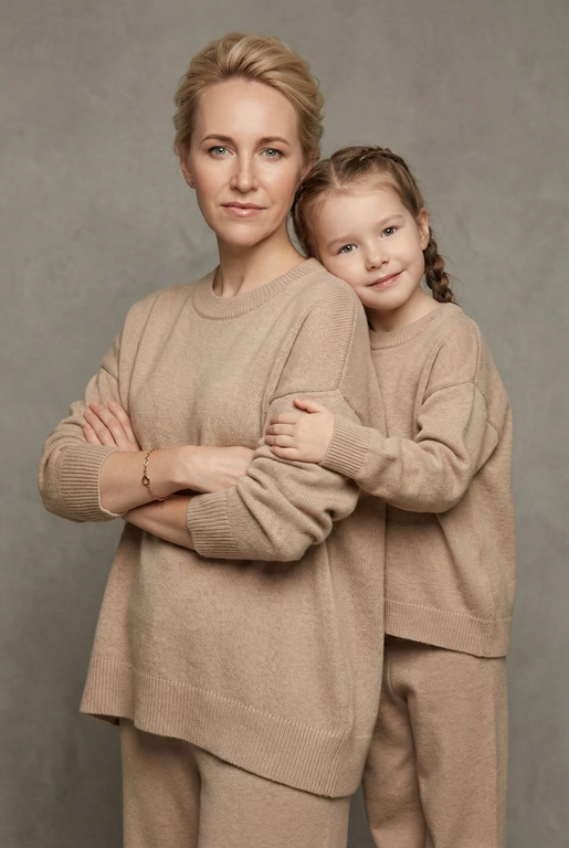 Используй эти два фото мамы и дочери и создай для них студийный портрет в чистом и элегантном стиле. Они стоят рядом, очень близко друг к другу. Дочь мягко обнимает маму за руку и слегка к ней прижимается со спины. Мама сложила руки перед грудью. Образ минималистичный, современный и стильный. На руке у матери тонкий золотой браслет. Профессиональный макияж и прическа.  Не менять черты лица ни на 1 процент. Фон — нейтральный серый с мягкой текстурой. Освещение рассеянное, мягкое, подчёркивающее естественные тона кожи. Атмосфера тёплая, нежная и спокойная, в стиле журнальной съёмки. Обе в свободных стильных бежевых свитерах и брюках.