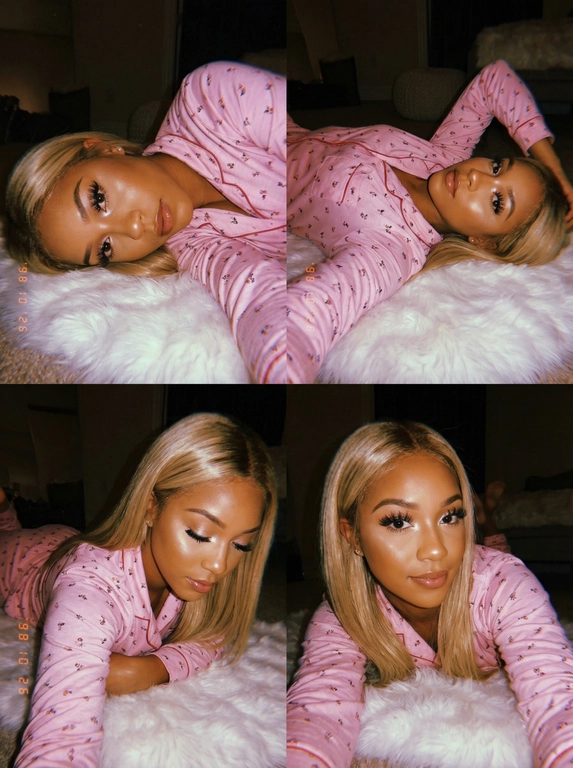   Зернистый четырехпанельный коллаж в винтажном стиле с одноразовой пленочной камерой со вспышкой. Обязательно: не меняйте внешность женщины - точно передайте и сохраните ее лицо с эталонной фотографии, сохраняя черты лица, пропорции, Гламурный макияж  длинные ресницы , Хайлайтер во внутренних уголках и скулах.  губы, с блеском.  Тело подсвечено  слегка хайлайтером .
Каждая панель представляет собой селфи-портрет крупным планом, снятый с помощью жесткой прямой вспышки на камере. Девушка 25 лет среднего телосложения (рост 173, вес 90 кг) лежит на мягкой белой поверхности из искусственного меха в приглушенном, уютном интерьере. Она одета в розовую пижаму с длинным рукавом и минимальстичным принтом .
Ее волосы прямые блестящие.
Каждая панель представляет собой другую интимную позу: слегка...