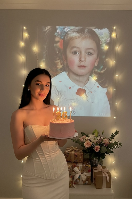 Создай ультрареалистичное фото, сделанное на камеру телефона в комнате, где изображен человек, который держит бенто торт с горящими золотыми свечами. В качестве фона на однотонную стену проецируется фотография из детства. Спроецированное фото занимает большую часть фона. Сочетание образов взрослого человека и ребёнка на фоне создаёт тёплую, ностальгическую атмосферу, подчеркивая связь между прошлым и настоящим. На стене висят гирлянды, рядом со стеной виднеются подарки и букет цветов. Снимок выглядит очень стильным и продуманным, присутствует ощущение праздника и воспоминаний. Не меняй внешность, полностью сохрани черты лица. Свечи на торте в форме числа 26. Женщина одета в молочное корсетное платье.