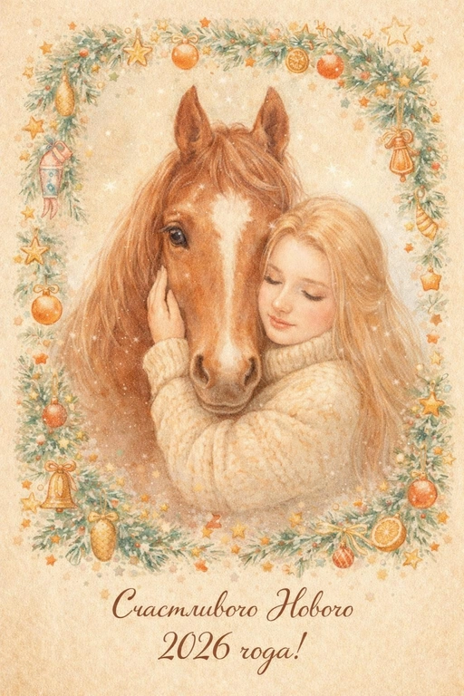 Создайте новогоднюю открытку с лошадью: винтажная ИИ-иллюстрация