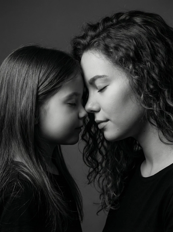   «Ультрареалистичное чёрно-белое фото 8К студийная съёмка. Крупный план: мать и дочь стоят лоб к лбу, с закрытыми глазами. Их лица абсолютно спокойны и умиротворены. Мягкий верхне-боковой свет создаёт глубокие, пластичные тени, подчёркивающие черты лиц и объём. фон — однородный тёмно-серый, усиливает интимность Внешность и причёски сохранены на 100%»