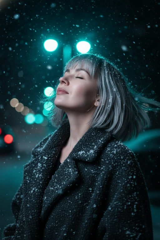 Сверхдетализированное, кинематографичное фото в разрешении 4K, стиль: эмоциональный реализм, темная зимняя эстетика. Крупный план (по пояс). Персонаж стоит на улице ночью во время снегопада. Голова запрокинута назад, лицо обращено к небу, глаза закрыты в выражении спокойствия и наслаждения моментом, словно вдыхая холодный морозный воздух. Волосы выглядят живыми, блестящими и очень детализированными. Персонаж одет в объемное темно-серое (антрацитовое) пальто из грубой шерсти. Текстура ткани мягкая, ворсистая, на ней видны осевшие белые снежинки. Идет густой снег, в воздухе множество снежинок разного размера — некоторые четкие, некоторые размыты в движении. Фон сильно размыт (малая глубина резкости), это ночной город. Ключевой свет: прямо за головой и чуть выше светятся крупные круглые огни холодного бирюзового (cyan/teal) цвета, создающие красивое боке. Слева вдалеке видны красноватые размытые огни (например, стоп-сигналы). Общая цветовая гамма — холодная, контрастная: черный, серый, электрический синий. Снято на светосильный объектив (f/1.8), фокус на ресницах и губах, эффект ветра, высокая четкость, фотореализм, RAW color grading, мрачная атмосфера.