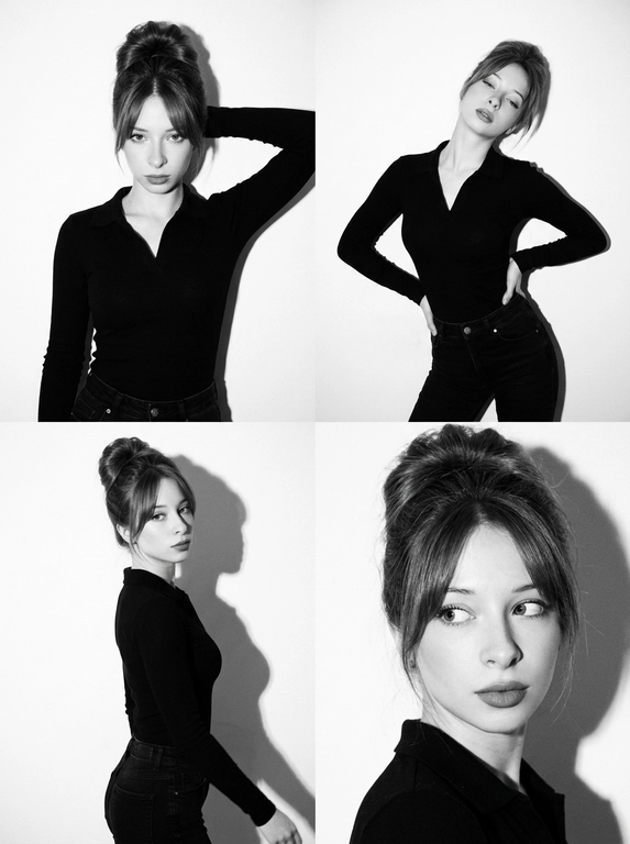 Коллаж ч/б, коллаж 2×2 из 4 ультрареалистичных фото. Стиль: ч/б, high contrast, эстетика плёнки 90-х (Pentax K1000 + Kodak Tri-X 400), заметное film grain. Свет: жёсткий студийный flash, чёткая тень на белой стене. Локация: минималистичная студия, белый фон. Модель: та же женщина (внешность не менять). Одежда: чёрный облегающий лонгслив-поло + чёрные джинсы. Макияж: matte sculpted — контуринг, пухлые губы с карандашом, густые ресницы, высокая детализация лица. Кадры: 1. верх-лево — портрет по грудь, рука за головой, прямой уверенный взгляд (Vogue 1995 vibe). 2. верх-право — план по бёдра, руки на талии, изогнутый корпус, голова назад или вбок, half-closed eyes. 3. низ-лево — полупрофиль в движении, разворот головы и корпуса, dreamy взгляд в сторону, тень профиля. 4. низ-право — close-up, голова к плечу, игривый взгляд исподлобья, фокус на глазах и губах. Не менять лицо и цвет волос. Фото сделано на iPhone 17 Pro Max со вспышкой.


Какая будет прическа?: Небрежный высокий пучок в стиле бомбшелл 90-х, объём у корней, удлинённая чёлка-шторка