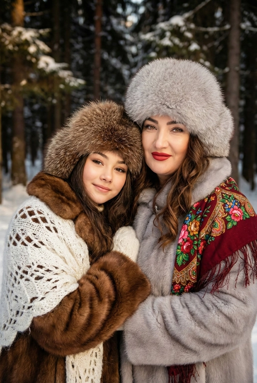 Создай кадр, который представляет собой теплый, уютный, слегка ностальгический зимний портрет в фэшн/фолк-стиле. Атмосфера спокойная, элегантная, дружеская близость двух моделей; сочетание высокой моды (мех, профессиональная ретушь) и фольклорной эстетики (вышитый шарф). Композиция и позирование: Форма кадра: портретный, вертикальный (соотношение примерно 3:4). Расположение: две женщины в центре кадра, тела и головы видны на груди; правая модель немного ближе к камере. Позы: девушки стоят близко друг к другу, левая модель слегка опирается на правую; плечи слегка повернуты к камере. Взаимодействие: мягкая улыбка, закрытое выражение лица, взгляд в камеру; дружелюбный, уверенный тон. Лица и макияж: Кожа: гладкая, естественная текстура, легкий эффект сияния. Глаза: аккуратные блики – оживляют взгляд; нейтральный/теплый макияж теней. Брови: естественная форма, слегка очерчены. Губы: у правой модели насыщенный матовый красный (центральный акцент), у левой – нежно-розовый нюдовый. Волосы: свободные пряди вокруг лица, несколько прядей с легкой волной для естественности. Шапки: большие пушистые меховые шапки с очень четко выраженной текстурой меха; справа – светло-серый мех, слева – коричневый мех. Форма: высокие, округлые, плотно сидят на голове, частично закрывают лоб – создают силуэт и рамку для лица. Верхняя одежда и текстуры: меховые пальто: густой натуральный мех у левой модели коричневый, у правой модели – светло-серый тон с видимым направлением волосков; богатая текстура и объем. У девушки справа на правом плече маленький платок с традиционным русским орнаментом – яркие цветы и листья, на фоне глубокого красного цвета с золотисто-терракотовыми, зелеными деталями; Тонкая бахрома ниспадает на ее плечо. У девушки слева на левом плече небольшой вязаный белый шарф с крупным ажурным узором, что добавляет контраста в текстуре и цвете. Окружение и фон: Лес: темные хвойные деревья, вертикальные силуэты стволов; снег на земле/вдали — размытый фон (боке).
