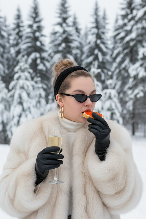 Создай портрет, не меняя черты лица. Элегантная женщина в стиле «Slavic Girl» позирует на фоне заснеженного зимнего леса. На ушах золотые серьги круглой формы, золотого цвета.  Она одета в роскошную объемную шубу из светлого меха, белый свитер с высоким горлом, черную повязку на голову и стильные черные узкие солнцезащитные очки. Ракурс в полупрофиль. На руках — черные кожаные перчатки. В одной руке она держит бокал игристого шампанского, а другой ест бутерброд с красной икрой. Атмосфера роскоши, зимняя эстетика, мягкое естественное освещение, высокое качество, реализм. Ее собраны в небрежный пучок