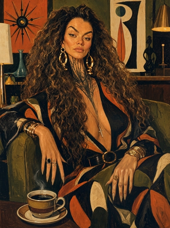 use this fhoto. 

Выберите стиль: Surreal mid-century editorial illustration of an eccentric version of the person in the photo and a animal (an animal that matches my vibe) inside a stylish Location, elongated proportions, exaggerated narrow faces, deadpan expressions, oversized accessories, bizarre fashionable atmosphere, painterly brush textures, distorted anatomy, subtle lowbrow surrealism, sophisticated absurdity, vivid retro color palette, expressive oil-painted strokes, fashionablevintage clothing, dramatic