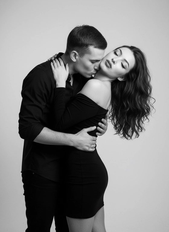 Реалистичная черно-белая фотография пары. Сохрани внешность и черты лица Мужчина в черной рубашке крепко держит женщину на руках и целует ее шею. Женщина в коротком черном платье с открытыми плечами, откидывается назад с закрытыми глазами, ее волнистые средние  волосы свободно падают вниз. Мягкий рассеянный студийный свет, простой светлый фон. Атмосфера страсти, нежности и близости. Съемка крупным планом, в высоком разрешении, без эффектов, максимально естественная кожа, реалистичная текстура ткани и волос, стиль - художественная студийная фотография