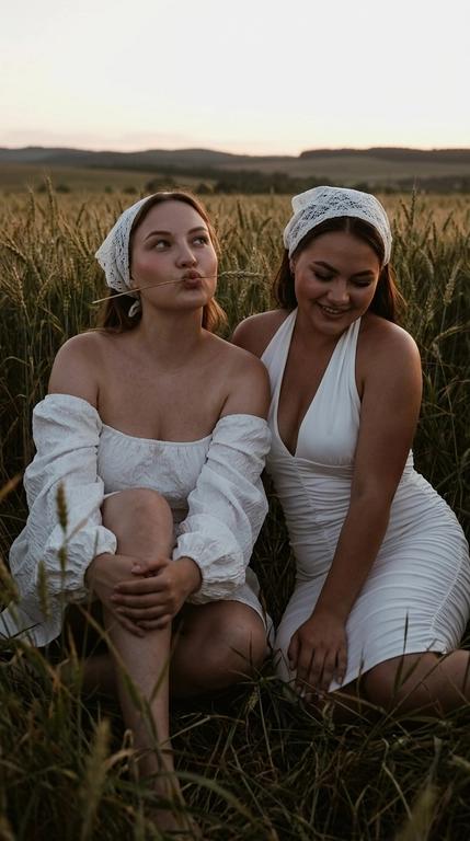 Ультрафотореалистичный случайный iPhone candid snapshot. Две женщины сидят рядом в высокой полевой траве на пшеничном поле, почти плечом к плечу, в нижней части кадра. Кадр по пояс. Вокруг густые колосья и высокая трава, вдали холмы и вечернее небо с остаточным свечением заката. Careless composition, quick amateur phone pic, imperfect framing, foreground grass слегка смазан, резкость на девушках.

ЛЕВАЯ: сидит с поджатыми коленями, руками обхватывает колено; корпус слегка вправо, голова поднята и повернута вверх-влево. Игривые губы «уточкой», тонкий колосок горизонтально проходит прямо у губ. Белое фактурное off-shoulder платье без бретелей, открытые плечи и ключицы, жатая жаккардовая текстура, длинные объёмные рукава. Белая кружевная ажурная бандана, завязанная сзади.

ПРАВАЯ: сидит боком, корпус слегка влево, голова наклонена вниз-вправо, естественно улыбается и смотрит на траву. Правая рука опирается на землю. Белое облегающее ruched halter dress, сборки на талии и боках, открытые плечи, глубокий V-вырез. Белая кружевная бандана.

МАКИЯЖ: натуральный summer soft glam, живая слегка загорелая кожа с реальными порами и мягким естественным сиянием, персиково-розовые румяна, естественные eyeshadow, тонкая межресничка, натуральные ресницы, аккуратные брови, розово-бежевые губы. Без beauty filter.

СВЕТ — СТРОГО: поздний летний ВЕЧЕР НА ЗАКАТЕ, солнце почти ушло за горизонт. БЕЗ ВСПЫШКИ, никакого фронтального искусственного света. ЭКСПОЗИЦИЯ СИЛЬНО СНИЖЕНА: намеренно тёмный кадр, лица и тела находятся в глубоких мягких тенях. Только слабый остаточный тёплый sunset glow сбоку и сзади слегка очерчивает волосы, плечи и края травы. Небо немного светлее переднего плана. Deep crushed shadows, subdued highlights, никакой пересвеченной кожи.

iPhone handheld low-light photo, RAW realism, strong underexposure, warm dusk color grading, muted saturation, deep blacks, rich brown-green shadows, realistic low-light sensor noise, visible grain, slight motion blur, imperfect focus, subtle foreground blur, slight vignette. Dreamy nostalgic grainy film emulation, intimate Pinterest summer evening aesthetic, ощущение настоящего случайного кадра,no studio lighting, no artificial face illumination, no HDR, no plastic/waxy skin, no excessive sharpness, no CGI, no AI gloss, no face smoothing, no text.