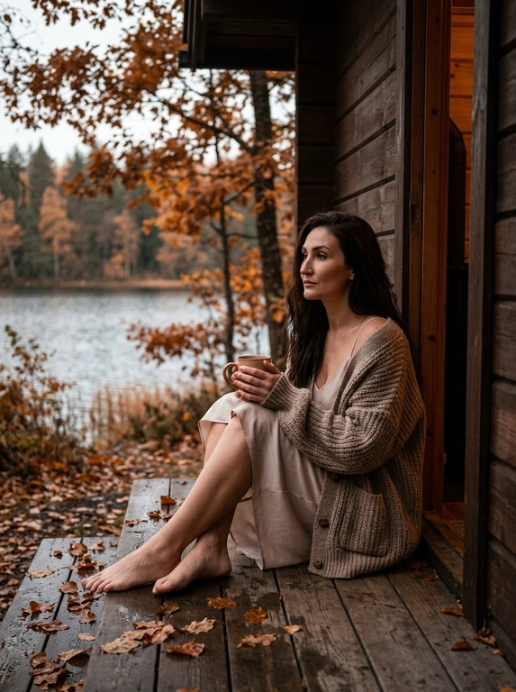 A cozy cinematic photo of a woman sitting on the wooden porch of a rustic lakeside cabin in autumn. She is wearing a cozy oversized knitted cardigan over a light slip dress, holding a warm ceramic mug with both hands. Barefoot, sitting with legs curled up slightly, looking away thoughtfully towards the scenic view of a lake and autumn forest with fallen leaves scattered on the wet wooden floorboards. Soft warm interior lighting blending with overcast daylight, rich warm brown and orange color tones, moody, peaceful, highly detailed, photorealistic.