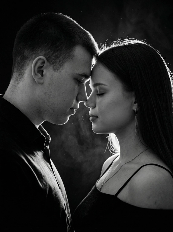 Фотореалистичный чёрно-белый кинематографичный портрет пары в тёмной студии. Сохранить внешность по загруженным фото: черты лица, пропорции, возраст, форму глаз/носа/губ, текстуру кожи и естественную мимику — без идеализации и изменений.
Крупный план по пояс, профиль к профилю. Мужчина слева, женщина справа. Они стоят очень близко, лбы и кончики носов почти соприкасаются, момент «перед поцелуем». Взгляд опущен (не в камеру): он смотрит вниз/на её губы, она закрывает глаза или смотрит вниз, выражение тихое и нежное. Между ними минимальная дистанция, без улыбок, атмосфера интимная и спокойная.
Мужчина в тёмной рубашке/пиджаке. Женщина в чёрном платье/топе на тонких бретелях, открытые плечи, серьга-цепочка, кожа с естественным бликом.
Свет: жёсткий контровой/рисующий свет сзади и чуть сбоку (rim light), сильная световая окантовка по волосам и профилям, передняя часть лица в мягкой полутени. В воздухе видны мелкие пылинки/частицы, подсвеченные контровым светом, лёгкий кинематографичный дым/хейз (очень деликатно). Фон полностью чёрный, без деталей.
Оптика/съёмка: 85mm, f/1.8-2.2, малая ГРИП, резкость на линии нос-лоб, остальное плавно уходит в мягкое боке.
Высокий контраст, глубокие чёрные, яркие хайлайты по волосам, плёночное зерно, лёгкий glow на контуре, без «пластика» и без пересвета на коже.