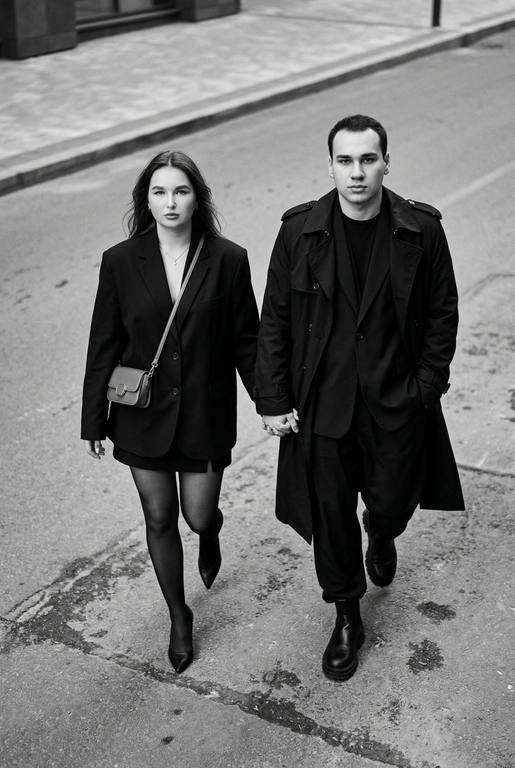 Черно-белая художественная фотография, ультрареализм, 8K, профессиональная съёмка; (оба): в кадре мужчина и женщина; каждый персонаж жёстко привязан к своему загруженному референсу, лица используются напрямую, без генерации, усреднения, подмены или смешения. Вид сверху под углом. Они идут по городской улице, держась за руки; шаг в движении, эффект «пойманного кадра». Смотрим вверх в камеру, выражение спокойное, уверенное, отстранённое.
Полностью чёрные образы modern classic: женщина — оверсайз-пиджак, короткое платье/юбка, плотные колготки, остроносые каблуки, маленькая сумка; мужчина — длинное пальто, свободный костюм, массивные ботинки.
Фон: асфальт, плитка, тактильная дорожка, геометрия.
Контрастный свет, мягкие тени, высокая детализация тканей.
Стиль: black & white, cinematic, high fashion, editorial, minimalism, street photography.
Качество: ultra high resolution, sharp focus, film grain, без ретуши.