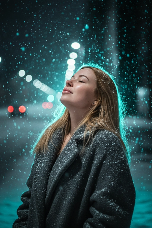 Сверхдетализированное, кинематографичное фото в разрешении 4K, стиль: эмоциональный реализм, темная зимняя эстетика. Крупный план (по пояс). Персонаж стоит на улице ночью во время снегопада. Голова запрокинута назад, лицо обращено к небу, глаза закрыты в выражении спокойствия и наслаждения моментом, словно вдыхая холодный морозный воздух. Волосы выглядят живыми, блестящими и очень детализированными. Персонаж одет в объемное темно-серое (антрацитовое) пальто из грубой шерсти. Текстура ткани мягкая, ворсистая, на ней видны осевшие белые снежинки. Идет густой снег, в воздухе множество снежинок разного размера — некоторые четкие, некоторые размыты в движении. Фон сильно размыт (малая глубина резкости), это ночной город. Ключевой свет: прямо за головой и чуть выше светятся крупные круглые огни холодного бирюзового (cyan/teal) цвета, создающие красивое боке. Слева вдалеке видны красноватые размытые огни (например, стоп-сигналы). Общая цветовая гамма — холодная, контрастная: черный, серый, электрический синий. Снято на светосильный объектив (f/1.8), фокус на ресницах и губах, эффект ветра, высокая четкость, фотореализм, RAW color grading, мрачная атмосфера.