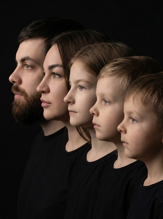 Профессиональный студийный портрет с низким контрастным светом. Головы расположены строго в одну линию. боковой профиль, взгляд влево. У всех видны только головы и немного плечи. Головы занимают весь кадр. Черный фон. Черная одежда у всех. Расположи их по убыванию возраста.