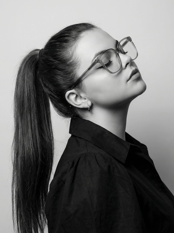 Чёрно-белый минималистичный фотореалистичный портрет, студийный мягкий свет спереди‑сверху, нейтральная светлая однотонная стена как фон. Девушка в профиль: голова запрокинута назад, подбородок поднят, глаза закрыты — расслабленная fashion-поза с акцентом на линии шеи и контуры лица. Обязательно точно сохранить черты лица с референс-фото (без искажений); крупные квадратные очки в массивной полу-прозрачной оправе с естественными бликами. Детали лица: длинные ресницы и чёткие стрелки, выразительные губы, естественная текстура кожи, аккуратный ретуш. Одежда: тёмный объёмный верх с выразительным воротником, маленькая серьга-кольцо. Стиль: высокая графичность и контраст, чистые линии, лёгкая драматичность, максимальная детализация и фотореализм, аккуратные светотеневые переходы, подчёркнутые контуры.

Какая будет прическа?: Гладкие волосы, высокий длинный густой хвост.