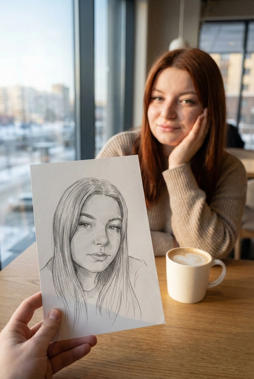Используя загруженное эталонное фото этого человека, сохрани его черты лица, тон кожи, цвет и длину волос на 100% идентичными исходному изображению. Не меняй форму лица, индивидуальность, возраст или выражение. Сохрани реалистичную текстуру кожи и поры, избегая пластикового сглаживания или чрезмерной ретуши. Создай изображение человека с предоставленной фотографии, не изменяя его внешность и естественные особенности.
Снимок от первого лица: на переднем плане видна рука, держащая карандашный набросок портрета. На заднем плане, в легкой расфокусировке, сидит человек, по образу которого сделан этот рисунок. Композиция создает визуальный диалог между реальностью и искусством.
Человек на фоне смотрит в камеру с легкой, естественной улыбкой, подпирая щеку одной рукой и слегка наклонив голову. Макияж (если присутствует) естественный. На карандашном наброске изображено то же лицо, но с более спокойным, задумчивым и погруженным в себя выражением.
Человек на фоне одет в аккуратную, нейтральную повседневную одежду. На рисунке человек изображен в более свободном, художественном образе.
Сцена происходит в светлом, минималистичном дорогом кафе. Человек сидит за столом. На заднем плане видно большое окно с размытым городским зимним пейзажем. Перед человеком стоит керамическая белая кружка с капучино.
Золотой час. Яркий, но мягкий рассеянный дневной свет из бокового окна падает на лицо человека, создавая естественные блики и мягкие тени, подчеркивая уютную атмосферу.
Фотореалистичный стиль, имитация снимка на смартфон или цифровую камеру с портретным объективом. Малая глубина резкости (эффект боке): карандашный набросок в руке находится в идеальной резкости, а человек и фон — мягко размыты. Карандашный набросок должен выглядеть максимально реалистично, с видимой текстурой бумаги и штриховкой.