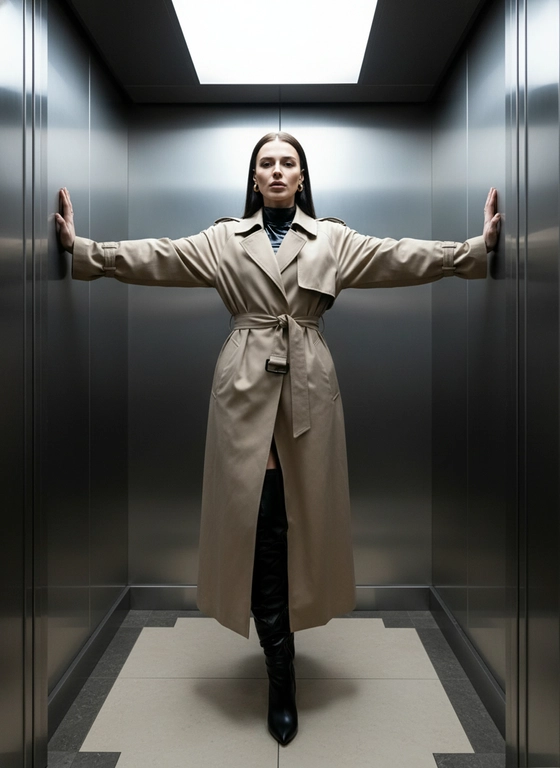 Фотография в стиле fashion-съемки, сделанная внутри лифта. Обстановка лифта: стены из нержавеющей стали, прямоугольный потолочный светильник, отражающий свет на все поверхности. Покрытие пола выполнено из светлой плитки с темными вставками по краям. Освещение яркое, с акцентом на фигуре человека, создающее контрасты света и тени. Общая цветовая гамма нейтральная, с преобладанием оттенков серого, бежевого и черного.

В кадре стоит женщина. Одета в длинный бежевый тренч с поясом, завязанным на талии. На ногах – высокие черные кожаные сапоги-ботфорты на каблуке. Женщина опирается руками о стены лифта, вытянув руки в стороны. Поза выразительная и уверенная. Выражение лица серьезное.