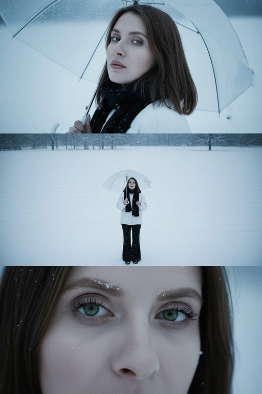 Создай вертикальный кадр, разделённый на три горизонтальных изображения одинакового размера, расположенных рядом. Главный персонаж основан на референсном лице, причёске и фигуре: фигура с выражением грусти и ностальгии, с глубокими глазами, излучающими одиночество. Наряд представляет собой свободный белый зимний пуховик, широкие брюки и чёрный шарф. Общая атмосфера утопает в белом снеге, холодная цветовая палитра навевает меланхолию и одиночество. Изображение 1 (портрет): Персонаж держит прозрачный зонт, слегка откинув голову назад и глядя прямо в кадр через плечо. Выражение лица печальное, взгляд проникновенный. Фон размыт снежной белизной. Изображение 2 (в полный рост): Персонаж с зонтом стоит один на бескрайнем заснеженном поле, идя и глядя в небо. Камера направлена ​​сверху вниз, как будто персонаж поднимает руку, чтобы поймать падающие снежинки. Вдали виднеются несколько голых деревьев без листьев. Сцена передаёт ощущение ничтожности и изолированности на фоне бескрайности природы. Изображение 3 (крупный план): Увеличенный кадр глаз персонажа с отстранённым, печальным взглядом, вызывающим чувство одиночества и тоски.