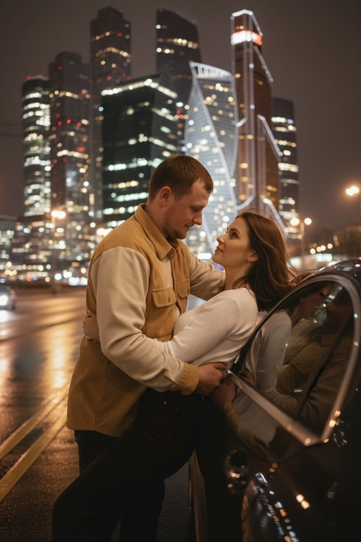 Используй предоставленные изображения и создай фото женщины и мужчины, в романтическом стиле, женщина облокотилась спиной на автомобиль, слегка откинувшись назад. ее слегка взъерошенные волосы мягко развеваются на ветру. Лицом к ней прижавшись стоит мужчина выше нее и одной рукой обнимает её за талию, а другой рукой опирается на машину. Влюбленно смотрит на женщину. На заднем плане изображена Москва-Сити, сияющая теплыми золотистыми огнями ночного города. Улица залита мягким городским светом, создающим гламурную и кинематографическую атмосферу. Поза женщины уверенная и в то же время игривая, и основное внимание уделяется взаимодействию между ней мужчиной. Освещение должно подчеркивать их силуэты, а отражения окружающих огней на стекле автомобиля должны создавать элегантную атмосферу. Не меняй одежду людей.