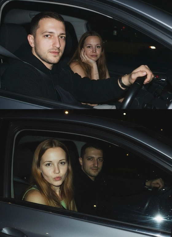 Используй предоставленные изображения и создай коллаж из двух фото, одно под другим. Первое фото сверху: Ночное фото в салоне автомобиля: мужчина за рулем смотрит вперед, его рука с часами на руке. Женщина на пассажирском сиденье, слушает его подперев щеку рукой. Съемка в стиле папарацци с эффектом зернистой пленки, атмосфера интимная. Второе фото: Девушка и парень смотрят в камеру Ночное фото папарацци крупным планом: мужчина за рулём и женщина на пассажирском сиденье смотрят в камеру. Женщина с ухмылкой и губами бантиком, мужчина слегка улыбается, положив руку на руль. Съёмка через пассажирское окно, сочетание ночного света и вспышки, эффект зернистой плёнки.