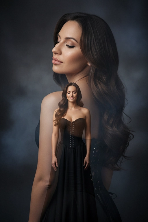 Реалистичный портрет красивой женщины, вдохновлённый референсной фотографией, волосы с легкой укладкой, элегантное чёрное платье с корсетными деталями, мягкое кинематографическое освещение, чувственная поза с закрытыми глазами, дымчатый фон, композиция с двойной экспозицией (крупный план лица сзади, портрет в полный рост спереди), высококачественная студийная фотография, богатый контраст, тонкая текстура кожи, реалистичные тени и блики, художественная глубина резкости, фотореалистичный стиль