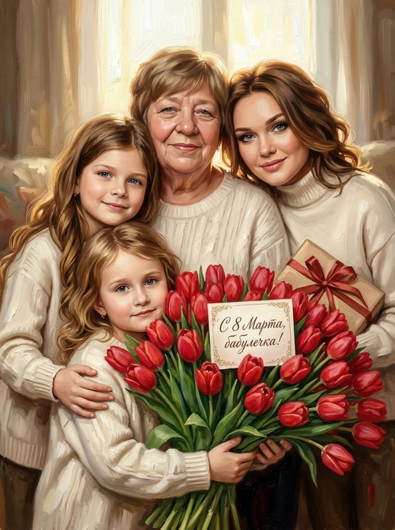 Схожесть 100%, не менять черты лица. Гиперреалистичные вертикальное изображение — точная копия персонажей с референсной фотографии. Персонажи с фотографии мягко улыбаются и обнимают огромный букет красных тюльпанов. Все персонажи одеты в нейтральную повседневную одежду без ярких деталей. Стиль: густая масляная живопись с выраженными мазками (oil painting, heavy brushstrokes). В букет вставлена открытка. На открытке каллиграфическая надпись. Мягкий солнечный свет, малая глубина резкости, создающая ощущение уюта и тепла.

Какая будет надпись?: На открытке надпись "С 8 Марта, бабулечка!"