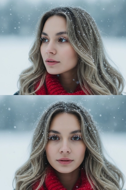 Создай коллаж из двух кадров человека, снятых крупным планом на улице зимой. Камера расположена близко, чтобы в кадре были видны лицо, шея и часть одежды. Главный акцент — на лице, глазах и снежинках, которые легли на волосы и ресницы.

Освещение мягкое, естественное, как в пасмурный зимний день. Вокруг падает лёгкий снег, отдельные снежинки чётко видны в воздухе и на коже. Фон — мягко размытый, с холодными оттенками (бело-голубой, серо-синий).

Первый кадр — человек смотрит в сторону, выражение мягкое, задумчивое, естественное. Крупный план лица, видно часть красного шарфа.
Второй кадр — прямой взгляд в камеру, нейтральное или лёгкое выражение лица, ресницы в снегу. Крупный план лица, видно часть красного шарфа.

Кожа чистая и естественная, без ретуши, текстура лица и губ сохранена. Фото выглядят как профессиональная зимняя портретная съёмка крупным планом, с эффектом свежести и спокойствия.

Оба кадра объединены в вертикальный коллаж в едином тоне и свете. Атмосфера — реалистичная, теплая и немного кинематографичная.