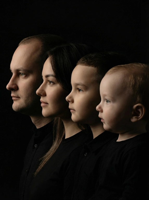 Профессиональный студийный портрет с низким контрастным светом. Головы расположены строго в одну линию. боковой профиль, взгляд влево. У всех видны только головы и немного плечи. Головы занимают весь кадр. Черный фон. Черная одежда у всех. Расположи их по убыванию возраста. Черты лица не меняй ни на 1%