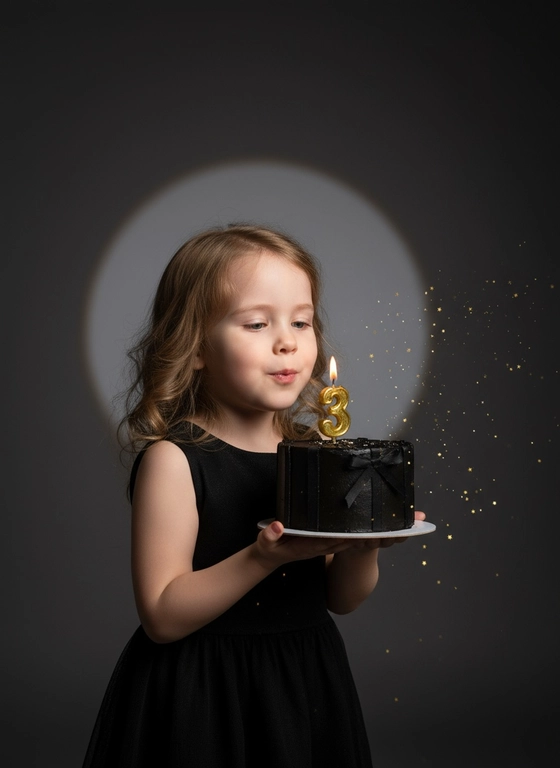 Фотореалистичный портрет женщины с точно таким же лицом, чертами, выражением и цветом волос, как на исходной фотографии - ничего не изменять. Атмосфера - день рождения: мягкий блеск свечи отражается на её лице, в воздухе лёгкие золотистые блёстки, создающие праздничное сияние. Фон темно-серый. Освещение студийное, контрастное, с кругом света на фоне, создающим выразительную тень. Волосы - волнистые, мягко подсвечены. Она немного стоит полубоком. Женщина держит в руках маленький праздничный торт, украшенным чёрными лентами и изящной цифрой из золотых свечей; Она сдувает свечу. Она одета в черное платье без рукавов. Свечки в виде цифр 3.