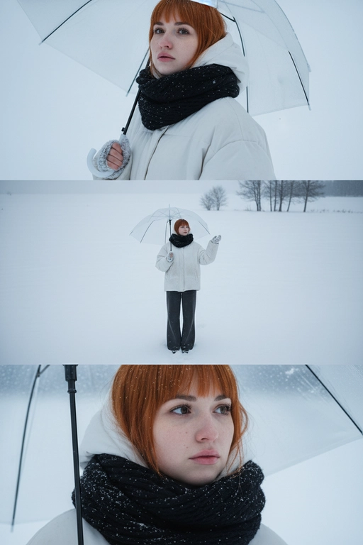 Создай вертикальный кадр, разделённый на три горизонтальных изображения одинакового размера, расположенных рядом. Главный персонаж основан на референсном лице, причёске и фигуре: фигура с выражением грусти и ностальгии, с глубокими глазами, излучающими одиночество. Наряд представляет собой свободный белый зимний пуховик, широкие брюки и чёрный шарф. Общая атмосфера утопает в белом снеге, холодная цветовая палитра навевает меланхолию и одиночество. Изображение 1 (портрет): Персонаж держит прозрачный зонт, слегка откинув голову назад и глядя прямо в кадр через плечо. Выражение лица печальное, взгляд проникновенный. Фон размыт снежной белизной. Изображение 2 (в полный рост): Персонаж с зонтом стоит один на бескрайнем заснеженном поле, идя и глядя в небо. Камера направлена ​​сверху вниз, как будто персонаж поднимает руку, чтобы поймать падающие снежинки. Вдали виднеются несколько голых деревьев без листьев. Сцена передаёт ощущение ничтожности и изолированности на фоне бескрайности природы. Изображение 3 (крупный план): Увеличенный кадр глаз персонажа с отстранённым, печальным взглядом, вызывающим чувство одиночества и тоски.