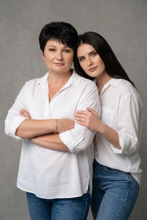 Используй эти два фото мамы и дочери и создай для них студийный портрет в чистом и элегантном стиле. Они стоят рядом, очень близко друг к другу. Дочь мягко обнимает маму за руку и слегка к ней прижимается со спины. Мама сложила руки перед грудью. Образ минималистичный, современный и стильный. На руке у матери тонкий золотой браслет. Профессиональный макияж и прическа.  Не менять черты лица ни на 1 процент. Фон — нейтральный серый с мягкой текстурой. Освещение рассеянное, мягкое, подчёркивающее естественные тона кожи. Атмосфера тёплая, нежная и спокойная, в стиле журнальной съёмки. Обе в свободных стильных белых рубашках с подвернутыми рукавами и джинсах.