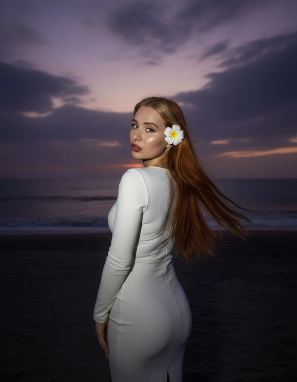 Сделай фото, будто я на пляже, где темно, но кто-то сфотографировал меня со вспышкой, и мое лицо немного блестит и светится, заднем плане закат, как будто солнце село на 98%, оставив фиолетовый оттенок, и само по себе почти темно. Фото сделано из-за моей спины, как будто  мне сказали, повернуться. Я в белом облегающем платье с цветком, заправленным в волосы. Волосы должны развеваться так, как будто дует слегка ветер.