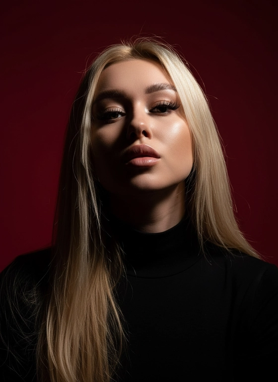 Создай портрет, используя те же черты лица (на основе загруженного фото), характеризующийся резким кинематографическим освещением и интенсивным контрастом. Снятый с немного нижнего ракурса, направленного вверх, что подчеркивает линию подбородка и шеи модели, этот портрет производит впечатление доминантности и скульптурной элегантности. Фон — глубокий, насыщенный малиново-красный, создающий яркий визуальный контраст со сияющей кожей модели и темной одеждой.