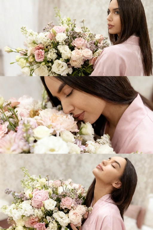 Не меняй черты лица, оставь их точь в точь как на загруженном фото, в том числе макияж и волосы.
Композиция из триптиха изображает женщину дома с цветами
На ней свободная пижама кимоно в пол нежно розового цвета.

На верхнем кадре портрет крупным планом, женщина смотрит в камеру лицо боком в руках у неё огромный букет. На заднем плане светлая стена размыты.

На центральном кадре сверхкрупный план, та же девушка, ее голова слегка наклоненная вперед, она принюхивается к букету, ее глаза закрыты, на лице легкая улыбка.  Кадр снятый с очень близкого расстояния, видно только часть огромного букета и лица  

На нижнем кадре портрет крупным планом изображена всё та же женщина, голова запрокинута вверх глаза закрыты, прижимает все тот же огромный букет к груди

Цветовая палитра приглушена, с нежными розовым, белым
Общий стиль наводит на романтику. Присутствует видимая зернистость.  Букет цветов - разные цветы