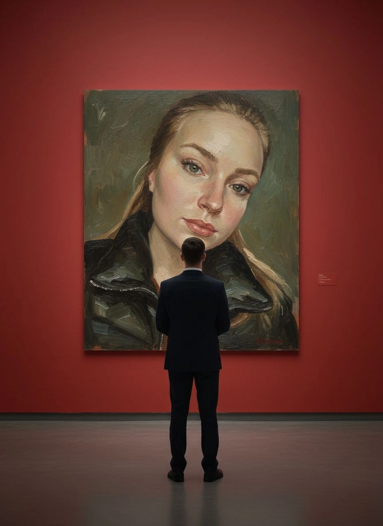 Создай сцену в галерее современного искусства, используй прилагаемое изображение лица и внешности человека, не меняя черты лица. На стене висит большой портрет человека маслом. Её лицо и верхняя часть тела написано в реалистичной, экспрессивной манере масленной живописи с текстурированными мазками и приглушенными цветами. Чистая красная стена галереи создаёт профессиональную атмосферу выставки благодаря мягкому освещению, освещающей произведения искусства. Перед картиной с видом сзади, стоит мужчина рассматривая картину, что придаёт сцену кинематографическое и таинственное настроение.