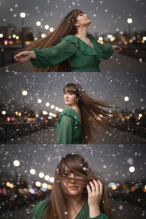 Не меняй черты лица, оставь их точь в точь как на загруженном фото. Фото в стиле триптиха, на котором изображена женщина в ночном городе.

На верхней панели изображена женщина по грудь, в профиль, расположенная в правой части кадра. Она запрокинула голову назад и закрыв глаза будто смотрит в небо разведя руки в стороны. Ее волосы развеваются на ветру закрывая лицо. На заднем плане ночной город полный ярких фонарей, где спокойно и нет людей, в небе развиваются от ветра листья сакуры . 

На средней панели изображена всё та же женщина со спины, смотрящая в кадр. На фоне все усыпано лепестками сакуры и они почти полностью перекрывают ночной город. Её волосы сильно развеваются на ветру в них запутались лепестки сакуры . 

На заднем плане нижней панели, крупным планом, изображено лицо всё той же женщины, частично скрытое развевающимися на ветру волосами в них немного лепестков сакуры, которая смотрит прямо на зрителя. Правой рукой она придерживает волосы, демонстрируя белое обручальное кольцо. 

Ночной Город и небо создают нейтральный, угрюмый фон для фотографии в натуралистическом стиле и при мягком освещении. Использовать лицо с фото на 100% , не изменяя черты лица. На девушке - воздушное шифоновое платье с оборками зеленого цвета.