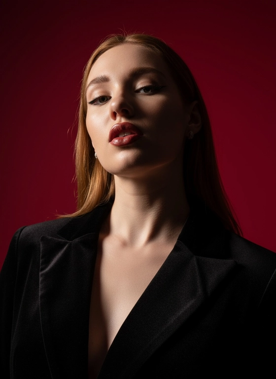 Создай портрет, используя те же черты лица (на основе загруженного фото), характеризующийся резким кинематографическим освещением и интенсивным контрастом. Снятый с немного нижнего ракурса, направленного вверх, что подчеркивает линию подбородка и шеи модели, этот портрет производит впечатление доминантности и скульптурной элегантности. Фон — глубокий, насыщенный малиново-красный, создающий яркий визуальный контраст со сияющей кожей модели и темной одеждой.
