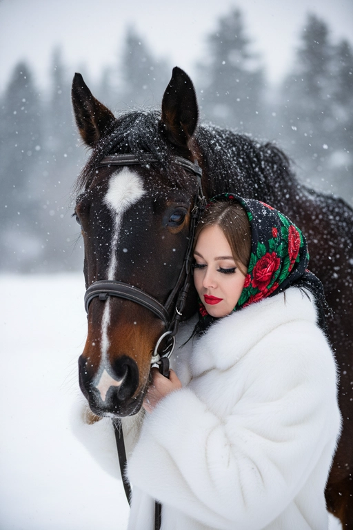 На изображении крупным планом показаны девушка и лошадь в зимней обстановке. Снег падает, создавая эффект заснеженности.девушка, одетая в шубу, обнимает лошадь. у девушки нарощенные ресницы. Девушка смотрит вниз и обнимает лошадь. На ее голове надет черный платок с ярким цветочным узором, включающим красные розы и зеленые листья. На ее губах нанесена красная помада.Лошадь темной масти, на лбу у нее белое пятно в форме ромба. На голове лошади надета упряжь. Мех и шерсть обоих покрыты снежинками.Фон представляет собой размытый зимний пейзаж с деревьями. На девушке пушистая белая шуба