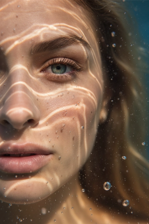 Гиперреалистичный, сверхдетализированный
макропортрет, на котором запечатлена только левая половина человеческого лица, погруженного под воду. Один глаз находится в резком фокусе у крайнего левого края кадра. Лучи света создают динамичные блики на коже, подчеркивая поры, влажные губы, ресницы и тонкие текстуры, создавая эффект реалистичного рассеивания под поверхностью. Капли и пузырьки воздуха придают глубину и подвижность.
Кинематографическое подводное освещение с мягкими тенями и четкими бликами усиливает сюрреалистическую, сказочную атмосферу.
Чрезвычайно малая глубина резкости, фотореалистичный рендеринг. Не меняй внешность, полностью сохрани черты лица.