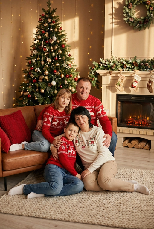   Создай трогательный кадр из профессиональной фотосессии в студии, где запечатлен момент семейной близости. Люди на фото могут быть как взрослыми так и детьми, в зависимости от предоставленных фото. Сделай так, чтобы все они смотрелись гармонично и трогательно. Фото в стиле Энни Лейбовиц, четкий фокус.

Люди в расслабленных позах на низком коричневом кожаном диване и на плотном светлом вязаном ковре. Естественные прически и минимальный макияж. 

Студия украшены в рождественском или новогоднем стиле, рядом с диваном стоит елка, позади дивана камин. Каминная полка украшена еловой гирляндой, шишками и маленькими рождественскими носочками. На диване красные декоративные подушки. В студии висят теплые гирлянды и мягко светятся.  
 
Освещение мягкое, естественное, теплое, в стиле "Золотой час", мягкие тени, камера на уровне глаз, теплый цветовой грейд (золотисто-коричневые тона), натуральные оттенки, тонкая ретушь, мягкая пленочная текстура, атмосфера уюта, семейного тепла и близости. Одежда в новогоднем стиле: уютные свитера - красного или белого цвета, с узорами или вышивкой оленя, джинсы и бежевые брюки 