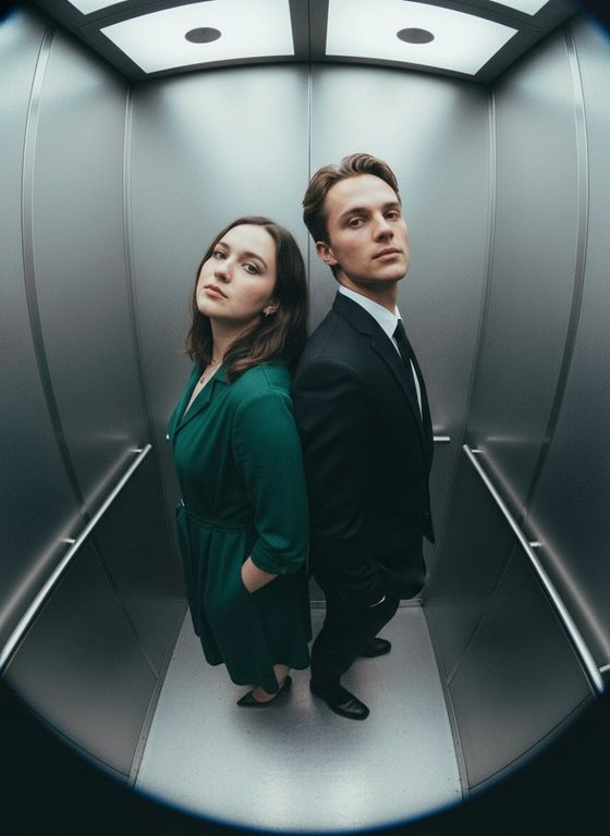 Используй предоставленные изображения и создай фото с двумя людьми в лифте с металлическими стенами. Цветовая гамма с преообладанием серых металлических оттенков. Кадр снят с максимально верхнего ракурса, люди будто заглядывают в камеру, их головы подняты наверх, взгляд в камеру. Легкий эффект fish eye. Реалистичное фото. Зернистость пленочного фото, насыщенные цвета, стиль фото y2k. Сохрани черты лица людей. Они стоят спиной друг к другу. Руки в карманах. Девушка в официальном зелёном платье, а парень в в официальном чёрном костюме