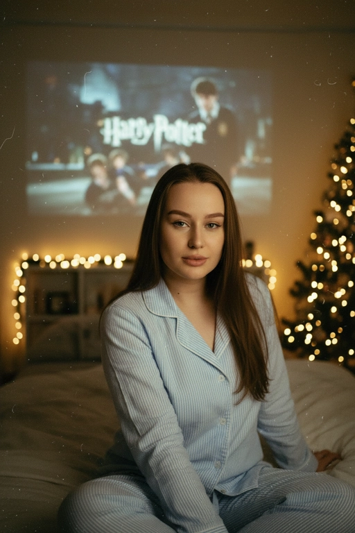 Атмосферный портрет человека, сидящий на кровати в уютной комнате. Не меняй черты лица ни на 1%. Человек смотрит в камеру. На человеке хлопковая голубая пижама в белую полоску. 
Теплое освещение от мерцающих гирлянд и рождественской ёлки. На заднем плане - проекция с фильмом или мультфильмом создающая нотку ностальгии.
Кинематографичный кадр, малая глубина резкости, волшебная и уютная атмосфера. Фото в стиле 90-х, ретро -фильтр. Зернистость Фильм - Warner Bros. "Гарри Поттер".