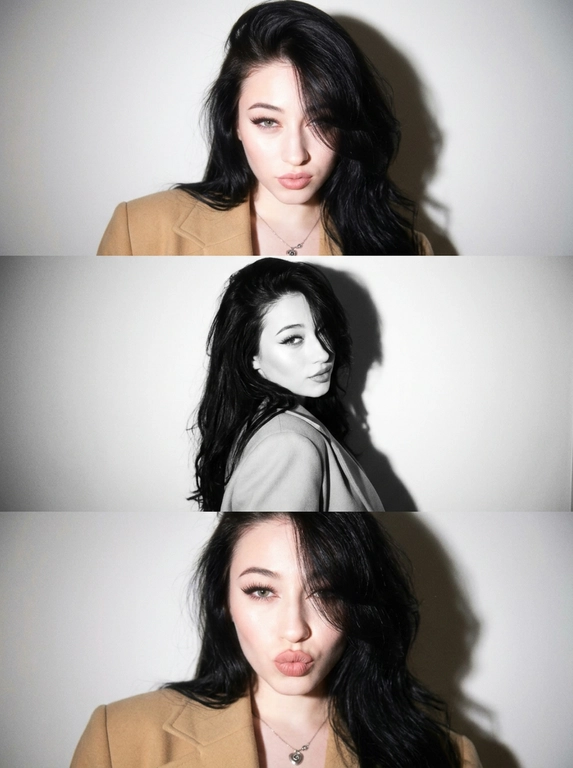 Не меняя черты лица как на фото, вертикальный коллаж из трех фото в стиле Y2K, персонаж позирует на нейтральном светлом фоне, жесткое прямое освещение от вспышки, создающее резкие тени на стене позади и эффект пересвета, лисий макияж, выраженные ресницы с вытянутым уголком, на первом и третьем кадре нет черно-белой обработки, второй кадр — черно-белый, на первой фотографии она очень близко к камере и смотрит прямо в объектив, на втором кадре корпус развернут, голова кокетливо повернута к объективу, на третьей фотографии она снова очень близко к камере, смотрит в объектив, дует губы бантиком и смотрит вперед, сочетание цветных снимков с мягким фокусом и черно-белого кадра с высокой контрастностью, крупный и средний план, минималистичная композиция, винтажная цифровая текстура, легкая размытость, гламурная атмосфера.




Какая будет прическа?: Женщина с красивой, объемной укладкой, укладка выглядит так, будто сделана на брашинг; укладка немного прикрывает лицо, но не сильно; укладка уложена на бок и частично закрывает левый глаз.