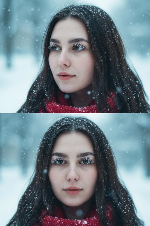 Создай коллаж из двух кадров человека, снятых крупным планом на улице зимой. Камера расположена близко, чтобы в кадре были видны лицо, шея и часть одежды. Главный акцент — на лице, глазах и снежинках, которые легли на волосы и ресницы.

Освещение мягкое, естественное, как в пасмурный зимний день. Вокруг падает лёгкий снег, отдельные снежинки чётко видны в воздухе и на коже. Фон — мягко размытый, с холодными оттенками (бело-голубой, серо-синий).

Первый кадр — человек смотрит в сторону, выражение мягкое, задумчивое, естественное. Крупный план лица, видно часть красного шарфа.
Второй кадр — прямой взгляд в камеру, нейтральное или лёгкое выражение лица, ресницы в снегу. Крупный план лица, видно часть красного шарфа.

Кожа чистая и естественная, без ретуши, текстура лица и губ сохранена. Фото выглядят как профессиональная зимняя портретная съёмка крупным планом, с эффектом свежести и спокойствия.

Оба кадра объединены в вертикальный коллаж в едином тоне и свете. Атмосфера — реалистичная, теплая и немного кинематографичная.