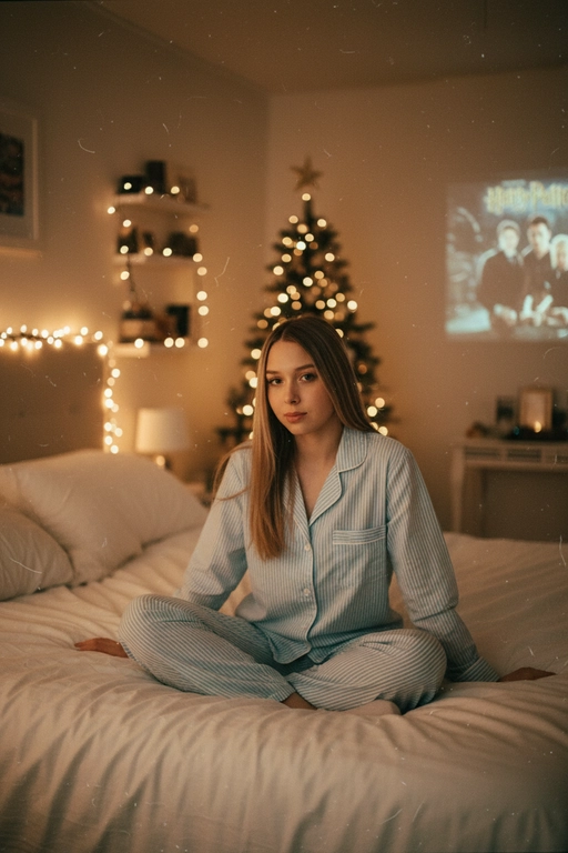 Атмосферный портрет человека, сидящий на кровати в уютной комнате. Не меняй черты лица ни на 1%. Человек смотрит в камеру. На человеке хлопковая голубая пижама в белую полоску. 
Теплое освещение от мерцающих гирлянд и рождественской ёлки. На заднем плане - проекция с фильмом или мультфильмом создающая нотку ностальгии.
Кинематографичный кадр, малая глубина резкости, волшебная и уютная атмосфера. Фото в стиле 90-х, ретро -фильтр. Зернистость Фильм - Warner Bros. "Гарри Поттер".
