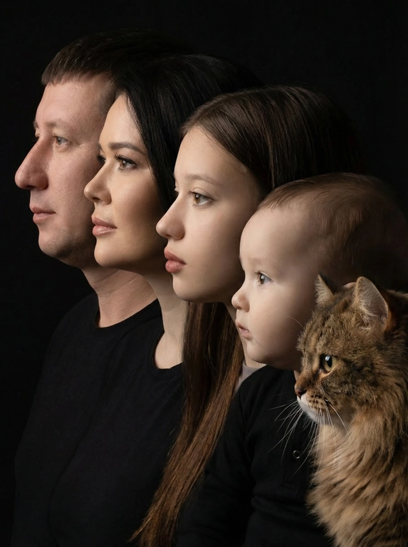 Профессиональный студийный портрет с низким контрастным светом. Головы расположены строго в одну линию. боковой профиль, взгляд влево. У всех видны только головы и немного плечи. Головы занимают весь кадр. Черный фон. Черная одежда у всех. Расположи их по убыванию возраста.